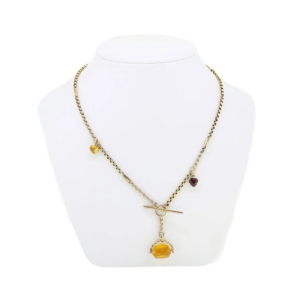 Vintage 9k Gold Spinning Citrine Fob and Heart Charm Necklace Carousel 2