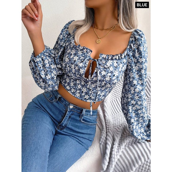 Floral Print Lace Up Crop Top For Women Carousel 1