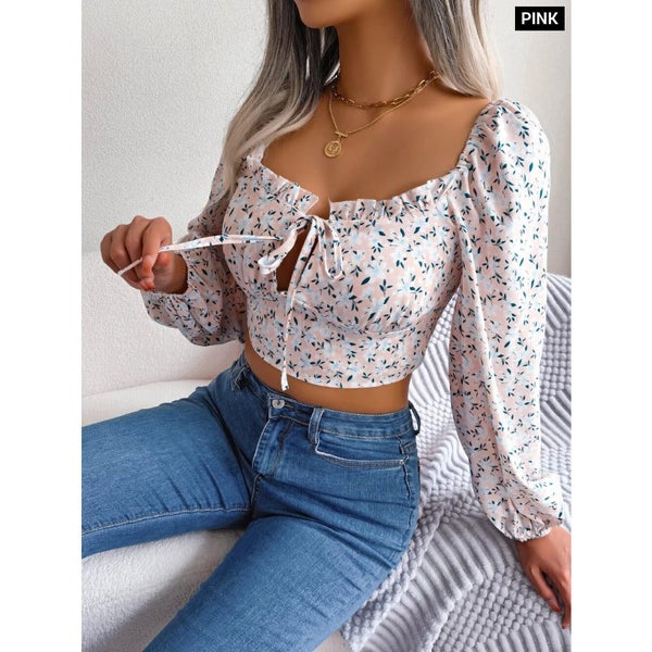 Floral Print Lace Up Crop Top For Women Carousel 1