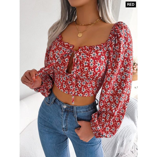 Floral Print Lace Up Crop Top For Women Carousel 1