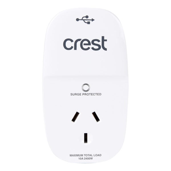 Crest Surge Protected 1-Socket Power Adaptor Outlet w 2x USB-A Ports White Carousel 1
