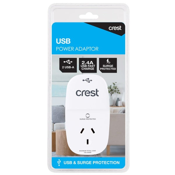 Crest Surge Protected 1-Socket Power Adaptor Outlet w 2x USB-A Ports White Carousel 2