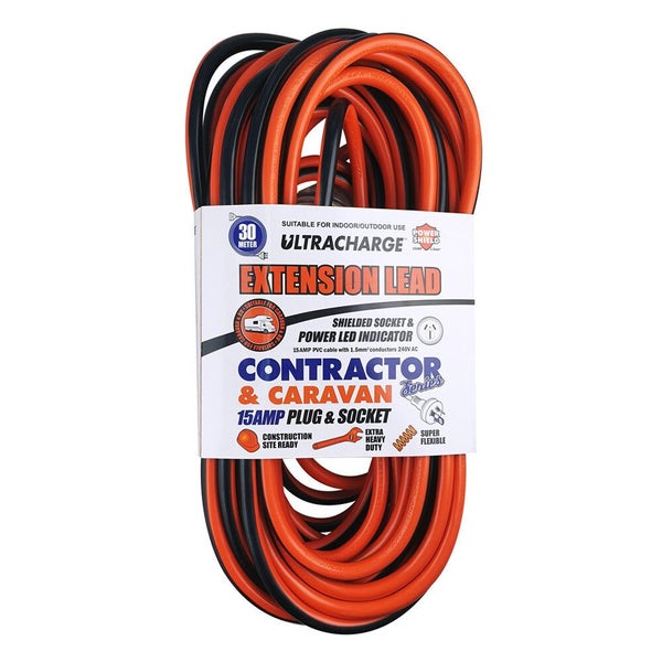 Ultracharge Contractor Caravan Extension Lead 30m Cable Cord w 15A Plug Socket Carousel 1