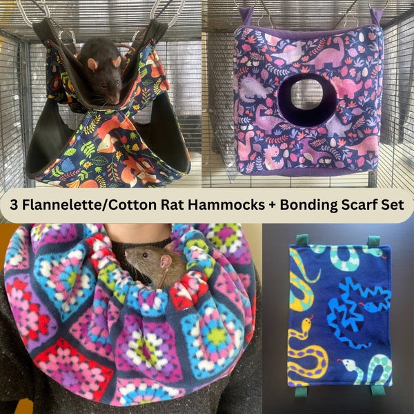 3 Flannelette/Cotton Rat Hammocks + Bonding Scarf Set - Choose your pattern! Carousel 1