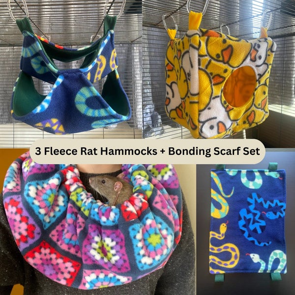 3 Fleece Rat Hammocks + Bonding Scarf Set - Choose your pattern! Carousel 1