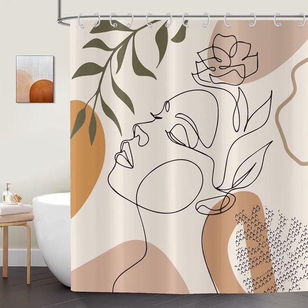 Bohemian Shower Curtain 180x200cm, Modern Abstract Art Boho Girl Face Beige Was Carousel 2