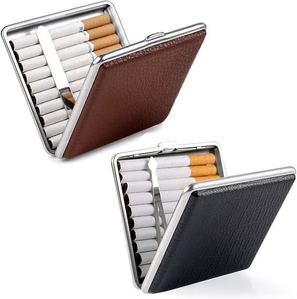 2 X Leather Cigarette Case Black/brown Made Of High Quality Metal/pu Leather, E Carousel 1