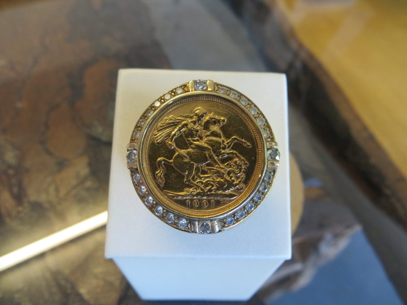 Full Sovereign (22ct) Ring in 9ct Mount with Diamonds-Val $11,000 incl Carousel 1