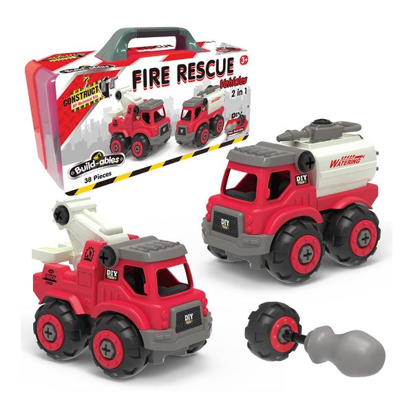 38pc Construct IT Buildables 2-in-1 Fire Rescue Truck Set w Case Kids 3+ Red Carousel 8