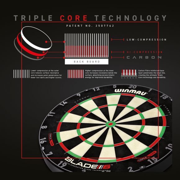 Winmau Blade 6 TRIPLE CORE Dart Board + Cherry Solid Wood Cabinet + Darts Set Carousel 8