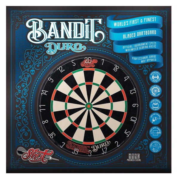 SHOT DARTS Bandit Duro Bristle Dart Board + Battlers Bar Holden Cabinet + Darts Carousel 2