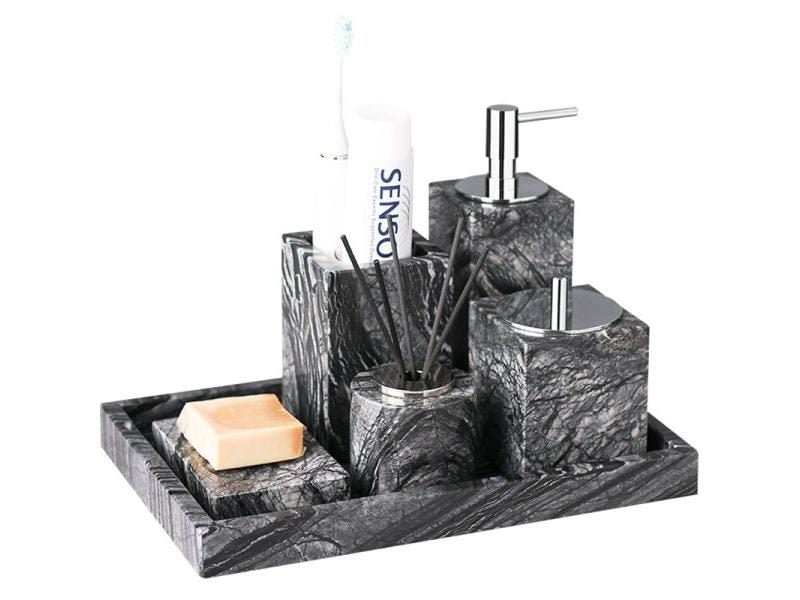 Bathroom Set Marble Soap Dispenser Toothbrush Holder Tray Cotton Swab/Tissue Carousel 2