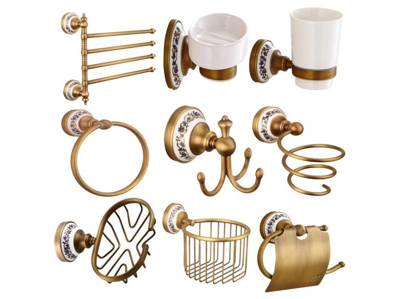 Brass Bathroom Accessories Set Gold Polished Robe Hooks Etc. Carousel 2