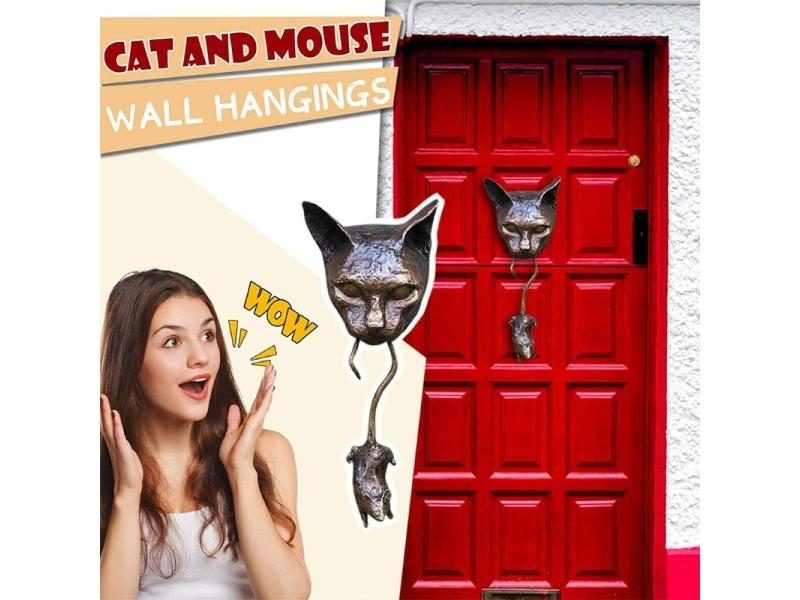 Resin Cat Catch Mouse Door Knocker Cat Door Knocker With Swinging Mouse Front Carousel 1