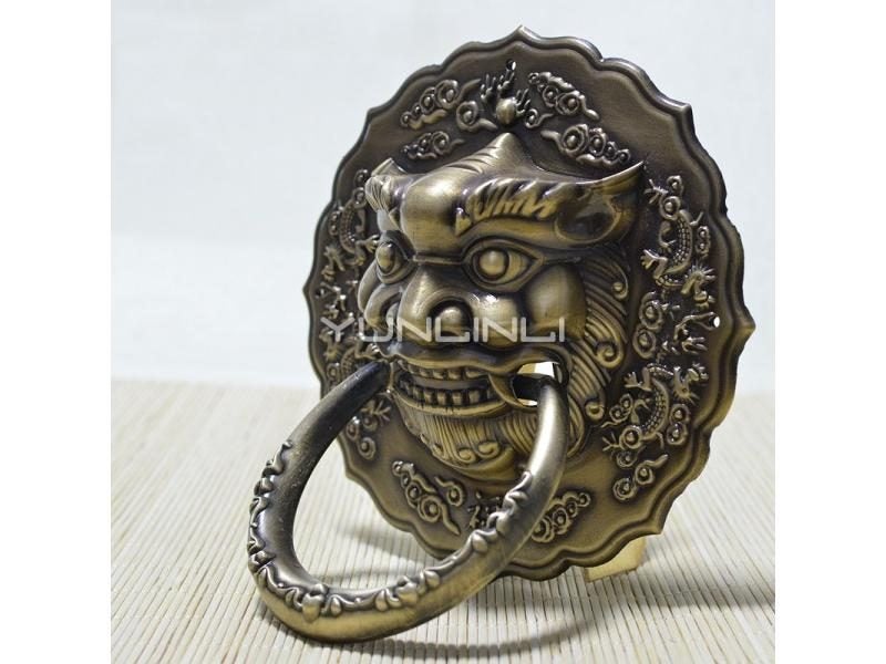 Bronze Wooden Door With 16cm/19cm/21cm Animal Head Vintage Kirin Door Handle Carousel 1