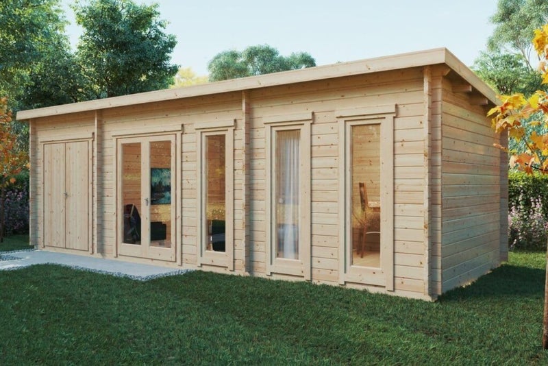 CABIN CO - LIAM CABIN + STORAGE SHED / 22m2 / 7.75M X 3M / 44MM WALLS / MONO Carousel 1