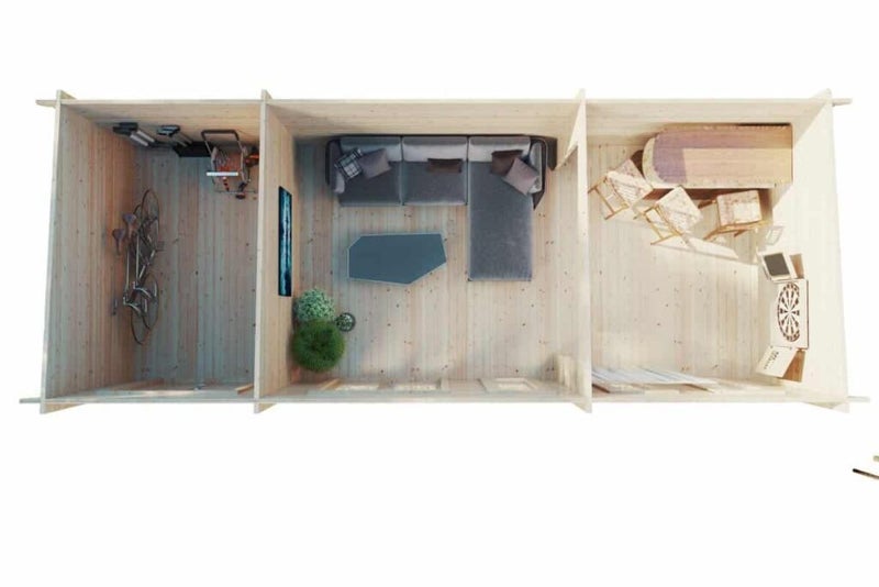 CABIN CO - LIAM CABIN + STORAGE SHED / 22m2 / 7.75M X 3M / 44MM WALLS / MONO Carousel 2