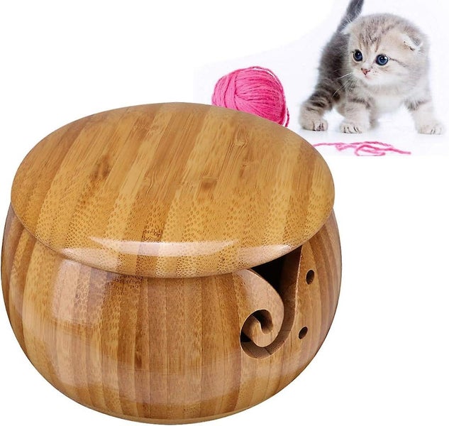 Wooden Yarn Storage Bowl Handmade Weaving Thread Bowl With Removable Lid Threa Carousel 1