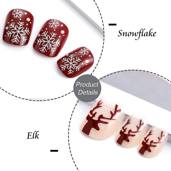 Square Red Press On Nails Snowflake Glossy Fake Nails Short Full Cover Acrylic Carousel 2