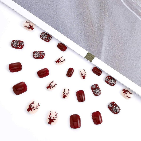 Square Red Press On Nails Snowflake Glossy Fake Nails Short Full Cover Acrylic Carousel 4