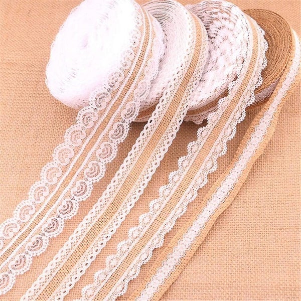 4 Pcs Jute Ribbon With White Lace Vintage Burlap Lace Ribbon Sewing Carousel 1