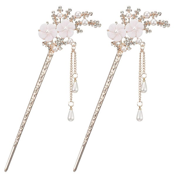 2 Pcs Rhinestone Pearl Flower Hair Stick Chinese Hair Chopsticks Vintage Tasse Carousel 1