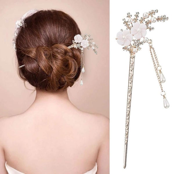 2 Pcs Rhinestone Pearl Flower Hair Stick Chinese Hair Chopsticks Vintage Tasse Carousel 2