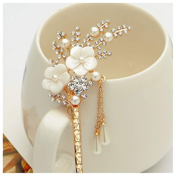 2 Pcs Rhinestone Pearl Flower Hair Stick Chinese Hair Chopsticks Vintage Tasse Carousel 5