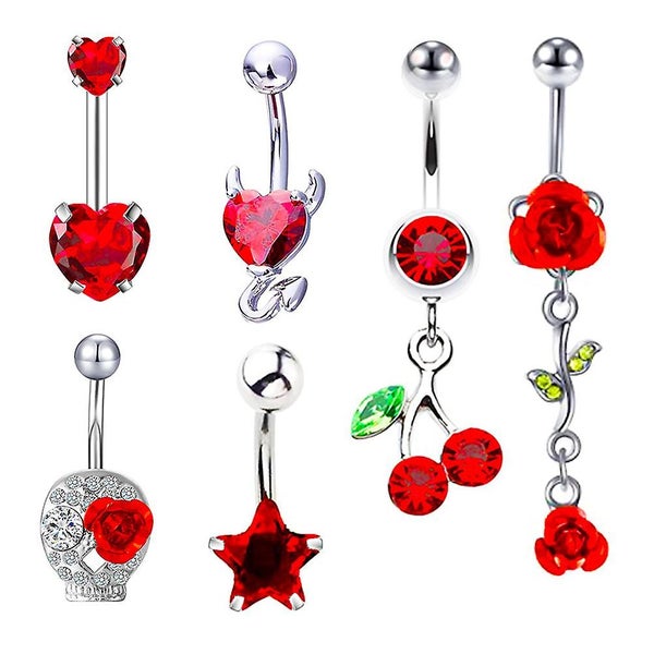 6 Pcs Red Rings Barbell Belly Ring Rhinestone Navel Ring Belly Piercing Ring R Carousel 1