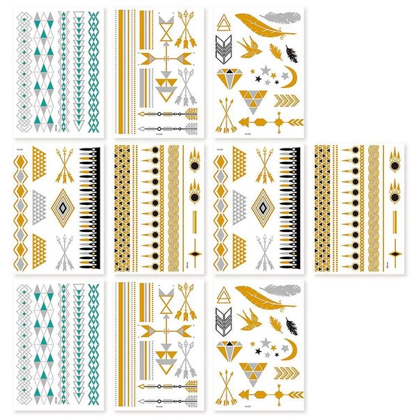 10 Sheets Metallic Temporary Tattoos For Women Girls Or Adults For Beach Festi