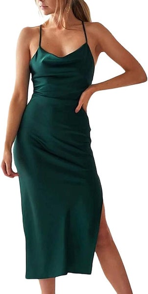 Women's Sleeveless Spaghetti Strap Satin Dress Cocktail Beach Evening Party Co Carousel 1