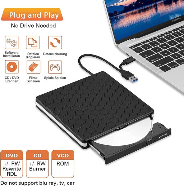 External Dvd Drive Amicool Usb 3.0 Type-c Cd Dvd +/-rw Optical Drive Usb C Bur Carousel 2