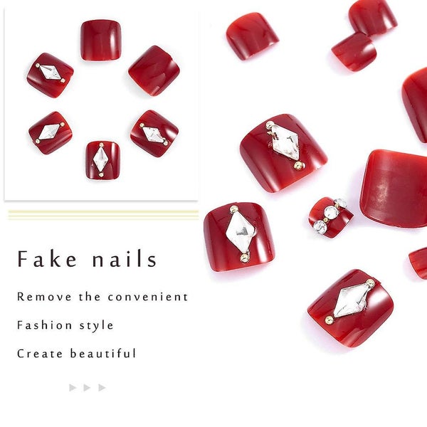 Red Fake Toenails Glossy Foot Fake Nail Crystal Rhinestones Bling Full Cover A Carousel 3
