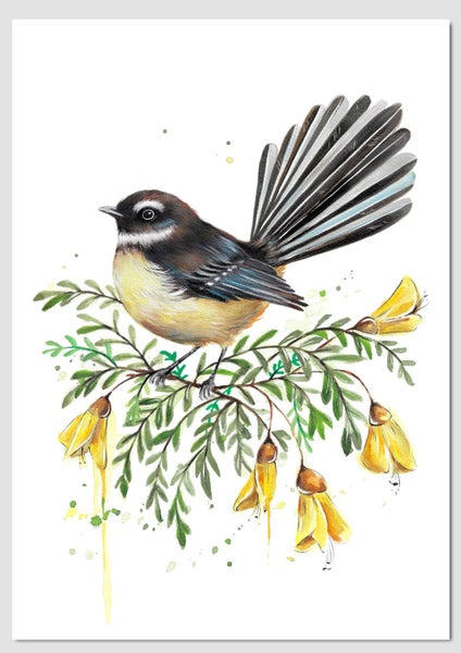 A2 Kowhai Fantail Limited Edition Print by Fiona Clarke ART- NZ artist Carousel 1