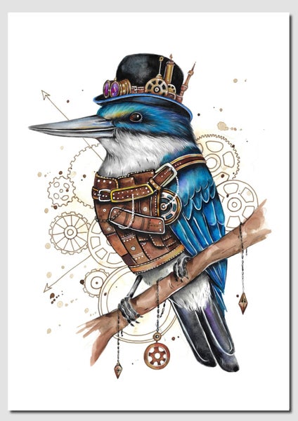 A2 Steampunk Kingfisher Limited Edition Print by Fiona Clarke ART- NZ artist Carousel 1
