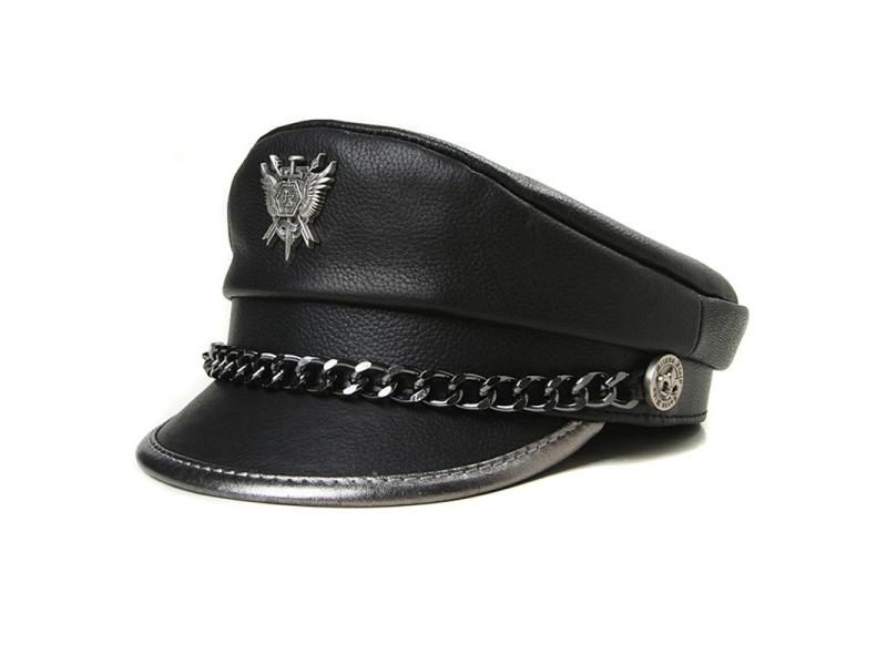 Winter Men's Genuine Leather Flat Top Badge Locomotive Retro Military Caps Carousel 1