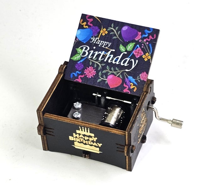 Happy Birthday Music Box Hand Crank Carved Wooden Musical Box - Black Carousel 1