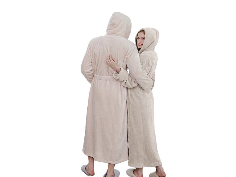 Winter Warm Flannel Hooded Fleece Long Bathrobe Lovers Sleepwear Beige Carousel 5