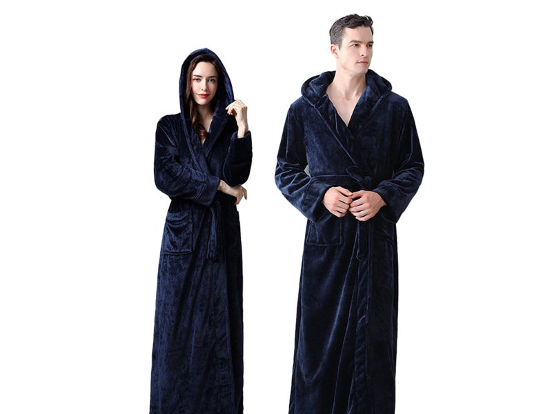 Winter Warm Flannel Hooded Fleece Long Bathrobe Lovers Sleepwear Dark Blue Carousel 1