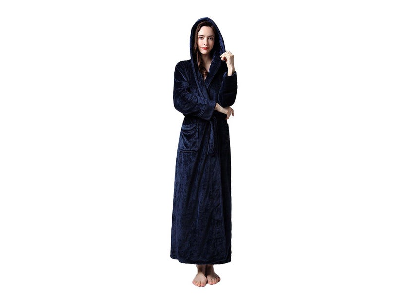 Winter Warm Flannel Hooded Fleece Long Bathrobe Lovers Sleepwear Dark Blue Carousel 2