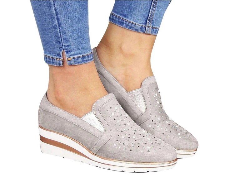 Women Casual Anti-skid Round Toe Low Top Slip-on Wedge Rhinestone Loafers Sho... Carousel 1