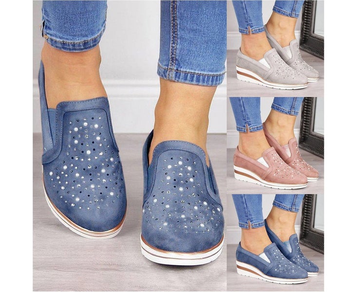 Women Casual Anti-skid Round Toe Low Top Slip-on Wedge Rhinestone Loafers Sho... Carousel 2