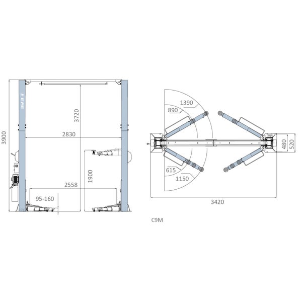 C9M 2 Post Hoist Clear Floor, 4T,1-Side Release,3 Stage Arms 230V/1PH-NY Special Carousel 2