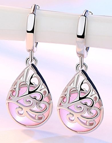 925 Sterling Silver Pear Shape Cat's Eye Stone Earrings "Trinity" (Pink) Carousel 1
