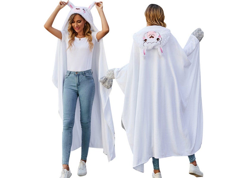 Flannel Fleece Sherpa Throw Blanket Wearable Hooded Blanket for Adults White Carousel 1