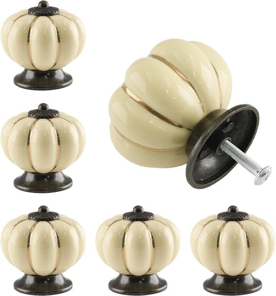 7pcs Ceramic Drawer Knob with Bronze Lined Pumpkin Shape, White Carousel 1
