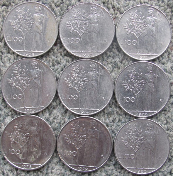 *** 9 different date vintage Italian 100 lira 1956-80 *** Carousel 1