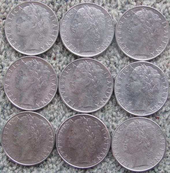 *** 9 different date vintage Italian 100 lira 1956-80 *** Carousel 2