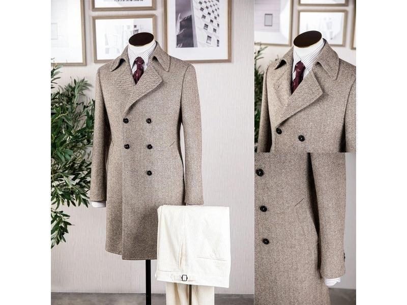 Winter Luxury Men's Herringbone Double Breasted Groom Wear 2pcs Jacket Pants Carousel 2