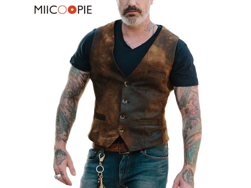 Vintage Imitation Leather Single-breasted Men Casual Vests Jacket Autumn New Carousel 1